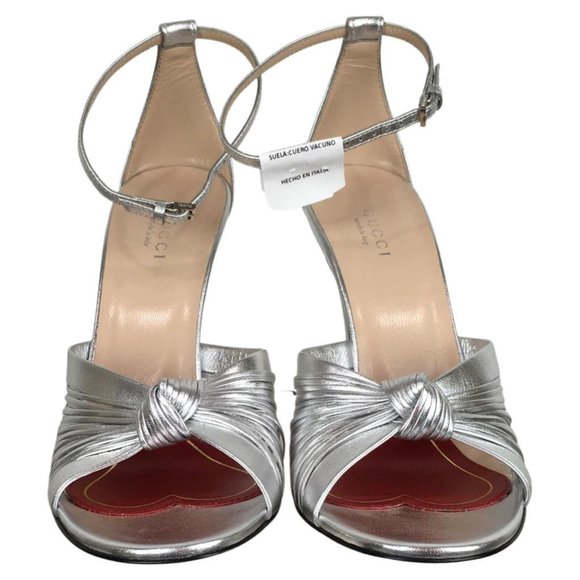 Gucci Women's Leather knotted Strap High Heel Metallic Silver Sandals DM46 - Picture 1 of 9